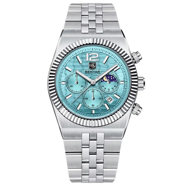 Чоловічий годинник Benyar BY-5225 Silver-Blue зі сріблястим браслетом та бірюзовим циферблатом
