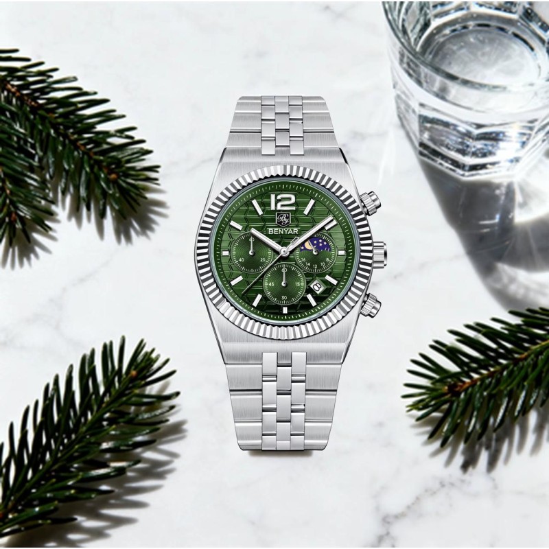 Чоловічий годинник Benyar BY-5225 Silver-Green зі сріблястим браслетом та зеленим циферблатом