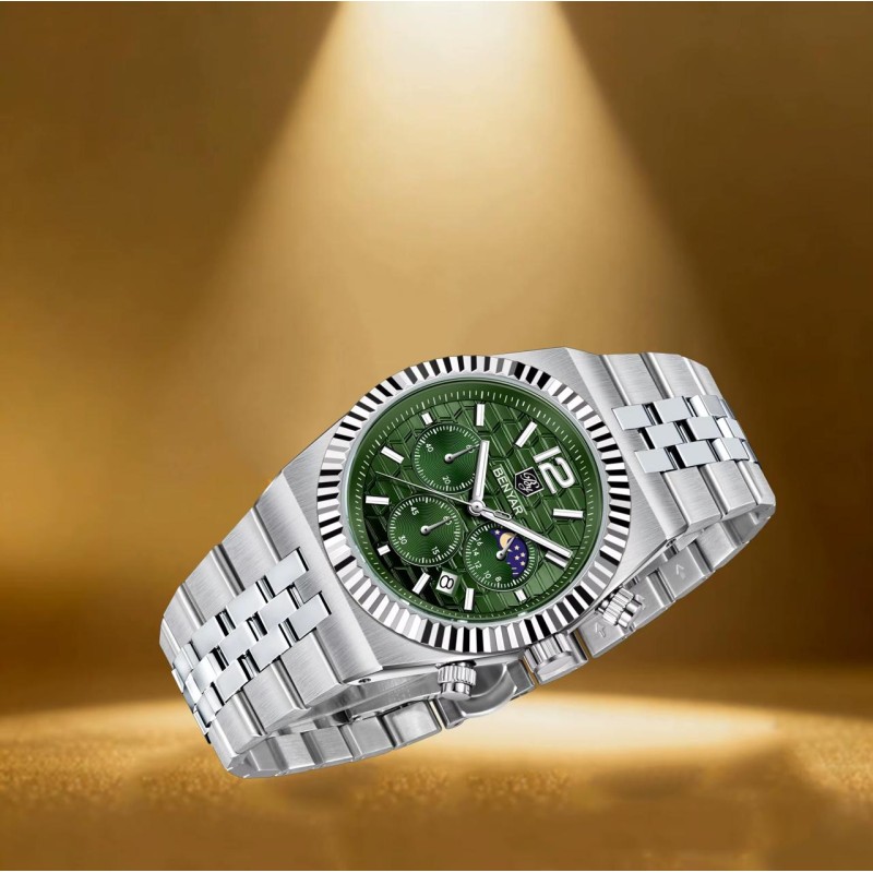 Чоловічий годинник Benyar BY-5225 Silver-Green зі сріблястим браслетом та зеленим циферблатом