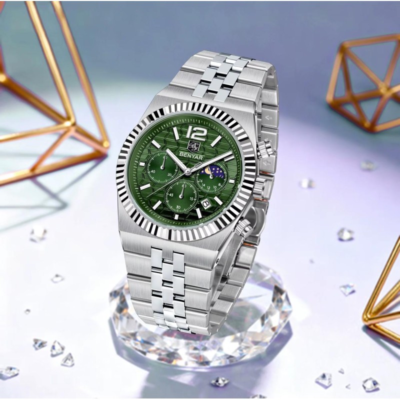 Чоловічий годинник Benyar BY-5225 Silver-Green зі сріблястим браслетом та зеленим циферблатом