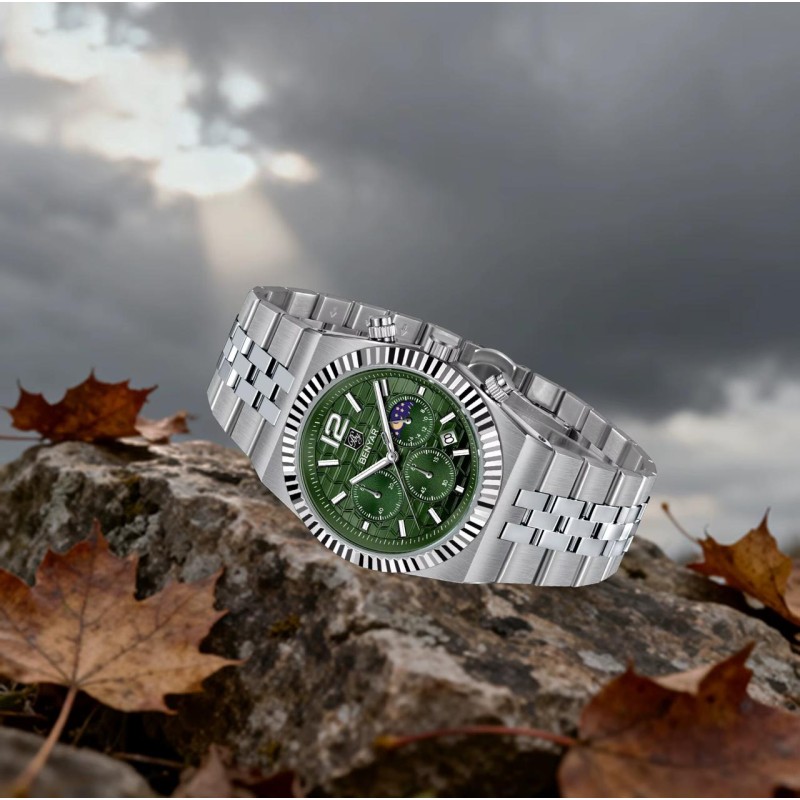 Чоловічий годинник Benyar BY-5225 Silver-Green зі сріблястим браслетом та зеленим циферблатом