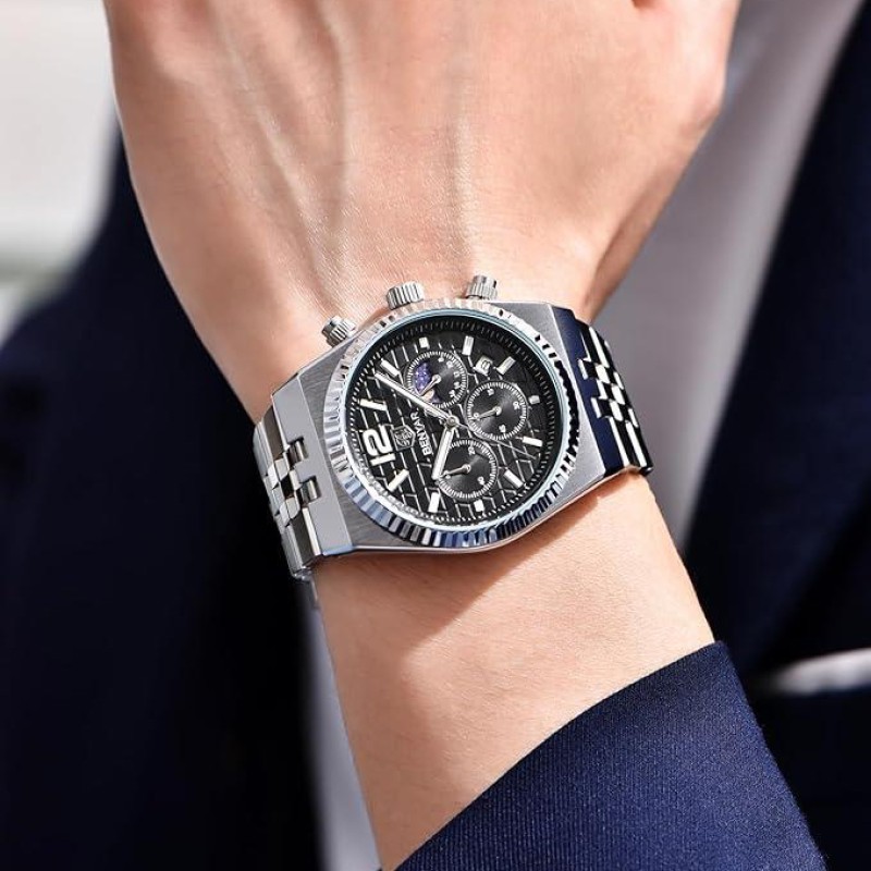 Чоловічий класичний годинник Benyar BY-5225 Silver-Black зі сріблястим браслетом та чорним циферблатом