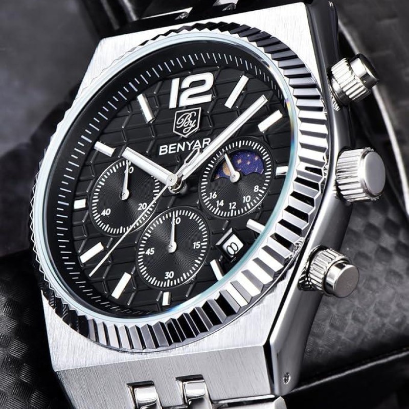 Чоловічий класичний годинник Benyar BY-5225 Silver-Black зі сріблястим браслетом та чорним циферблатом