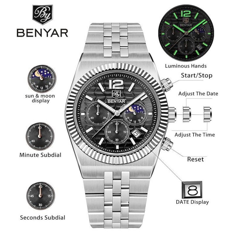 Чоловічий класичний годинник Benyar BY-5225 Silver-Black зі сріблястим браслетом та чорним циферблатом