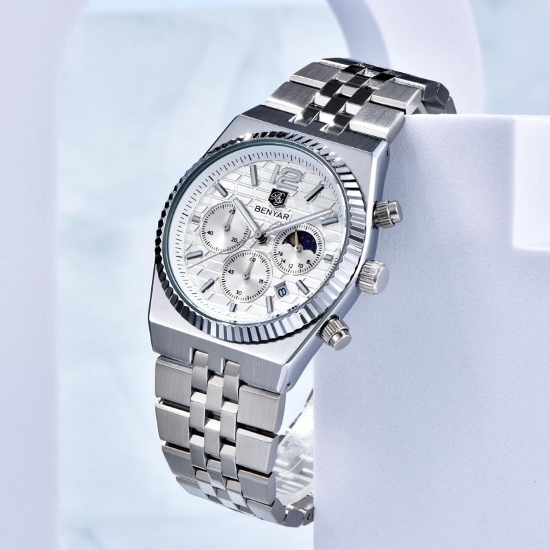 Чоловічий класичний годинник Benyar BY-5225 Silver-White зі сріблястим браслетом та білим циферблатом