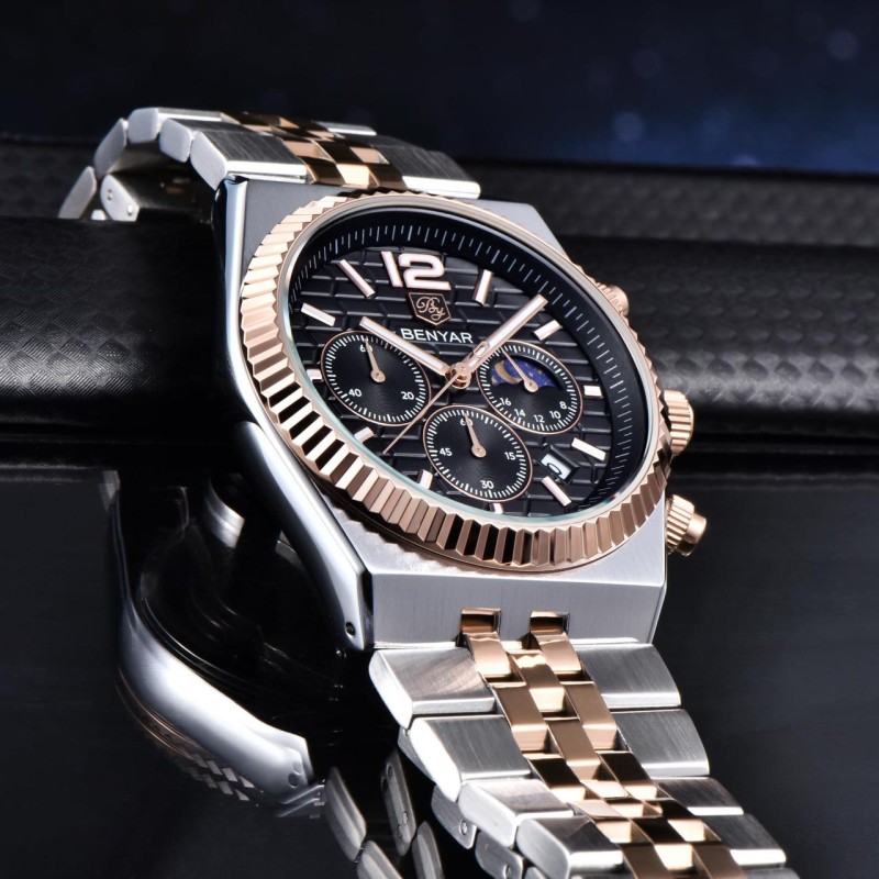 Чоловічий годинник Benyar BY-5225 Silver-Rose Gold-Black з металевим браслетом та календарем