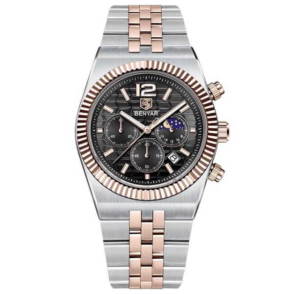 Чоловічий годинник Benyar BY-5225 Silver-Rose Gold-Black з металевим браслетом та календарем