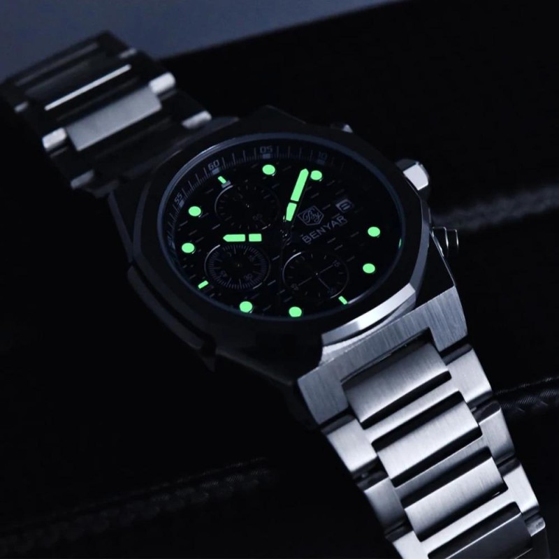 Чоловічий наручний годинник Benyar BY-5216 Silver-Green з хронографом та сталевим браслетом