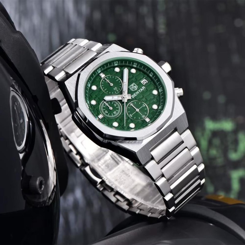 Чоловічий наручний годинник Benyar BY-5216 Silver-Green з хронографом та сталевим браслетом