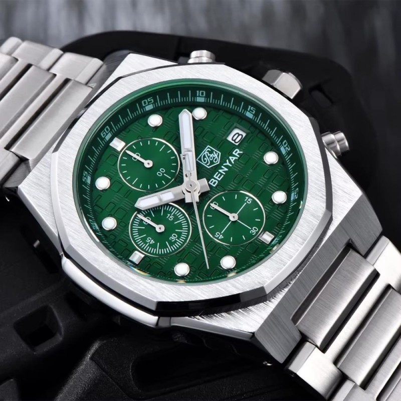 Чоловічий наручний годинник Benyar BY-5216 Silver-Green з хронографом та сталевим браслетом