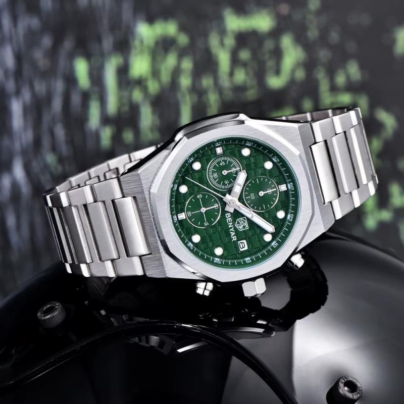 Чоловічий наручний годинник Benyar BY-5216 Silver-Green з хронографом та сталевим браслетом