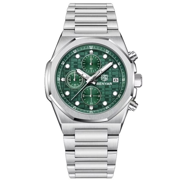 Чоловічий наручний годинник Benyar BY-5216 Silver-Green з хронографом та сталевим браслетом