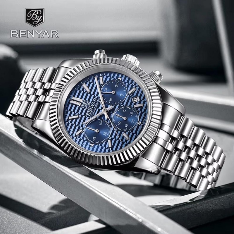 Мужские часы Benyar BY-S001 Silver-Blue с хронографом и водозащитой 10 ATM
