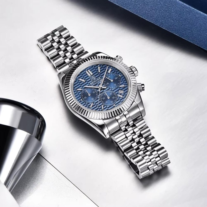 Мужские часы Benyar BY-S001 Silver-Blue с хронографом и водозащитой 10 ATM