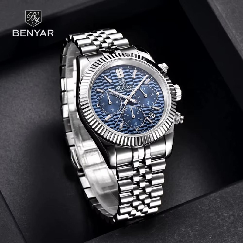 Мужские часы Benyar BY-S001 Silver-Blue с хронографом и водозащитой 10 ATM