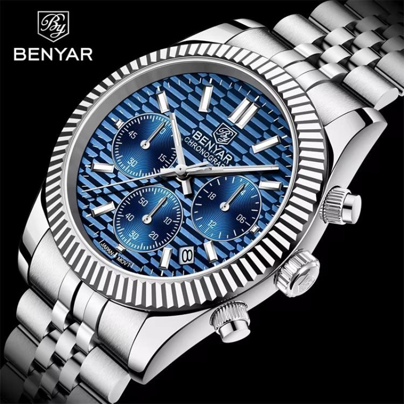 Мужские часы Benyar BY-S001 Silver-Blue с хронографом и водозащитой 10 ATM