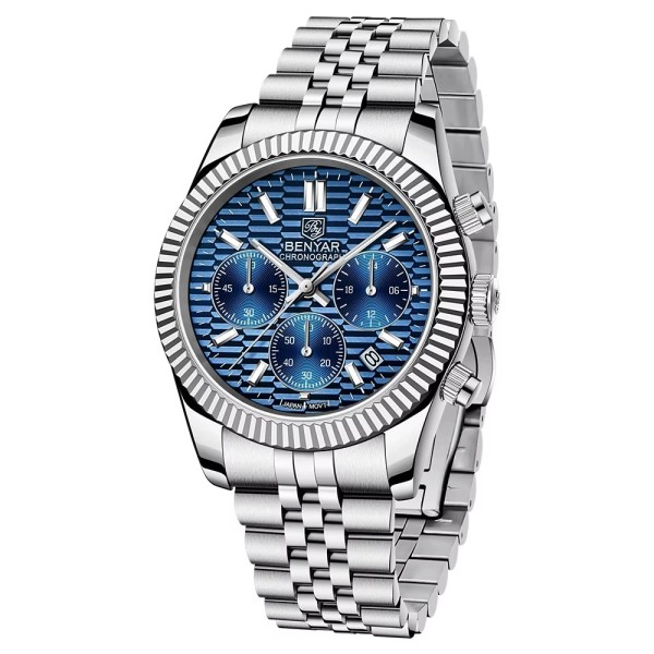 Мужские часы Benyar BY-S001 Silver-Blue с хронографом и водозащитой 10 ATM