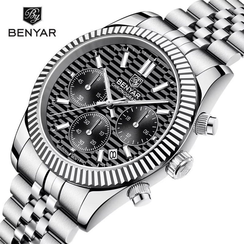Чоловічий годинник Benyar BY-S001 Silver-Black з хронографом та сталевим браслетом