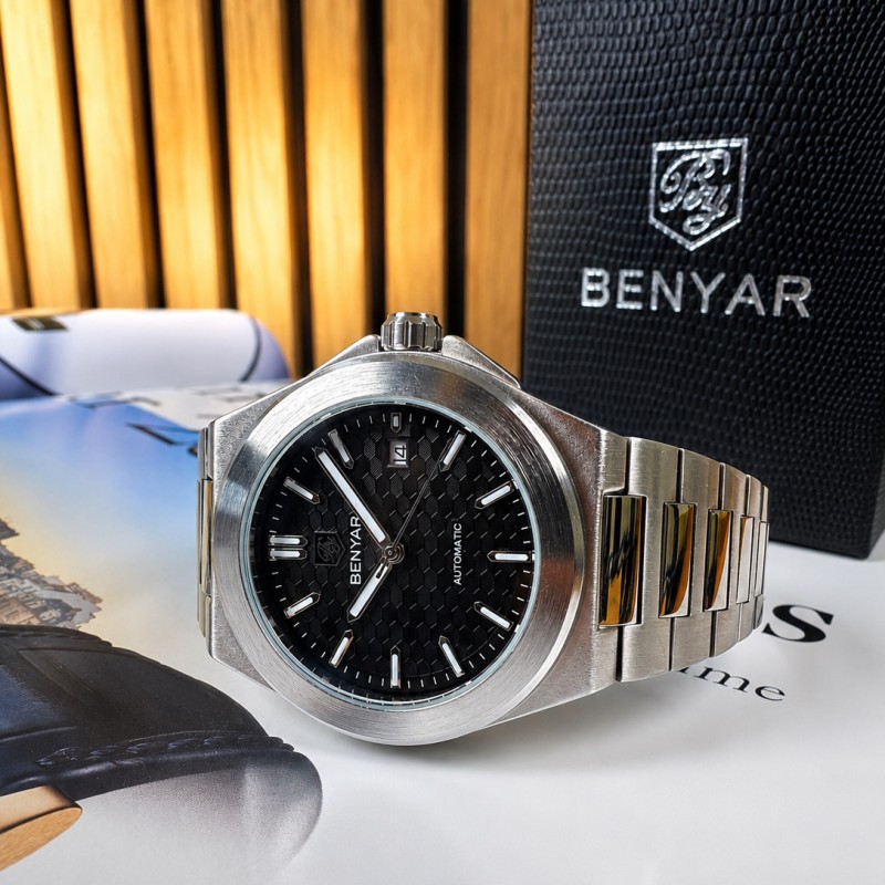 Чоловічий механічний годинник Benyar BY-5219 Silver-Black з автопідзаводом та сталевим браслетом