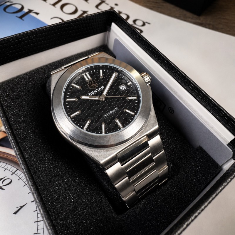 Чоловічий механічний годинник Benyar BY-5219 Silver-Black з автопідзаводом та сталевим браслетом