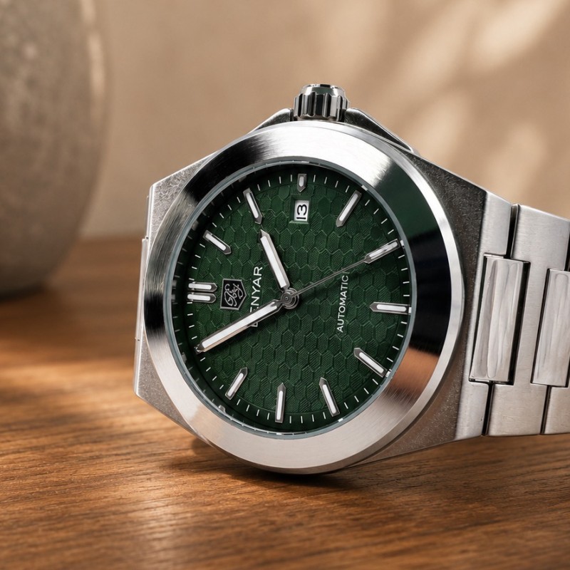 Мужские механические часы Benyar BY-5219 Silver-Green с автоподзаводом и зеленым циферблатом