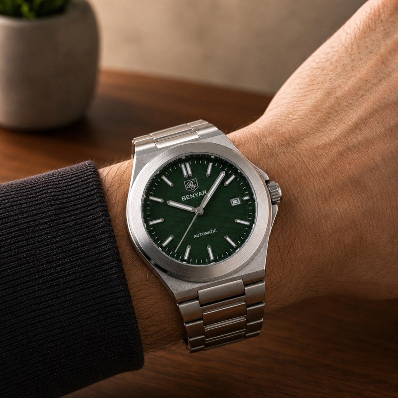 Мужские механические часы Benyar BY-5219 Silver-Green с автоподзаводом и зеленым циферблатом