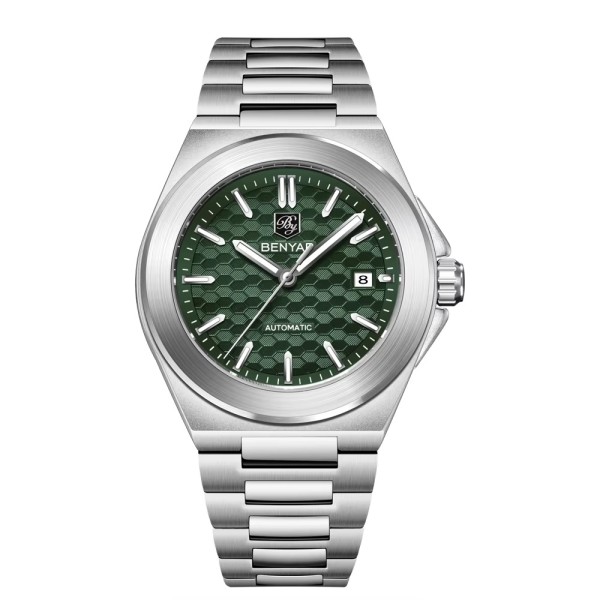 Мужские механические часы Benyar BY-5219 Silver-Green с автоподзаводом и зеленым циферблатом