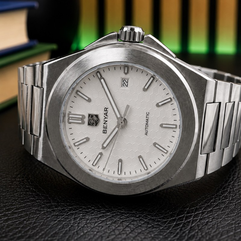 Чоловічий механічний годинник Benyar BY-5219 Silver-White з автопідзаводом та сталевим браслетом