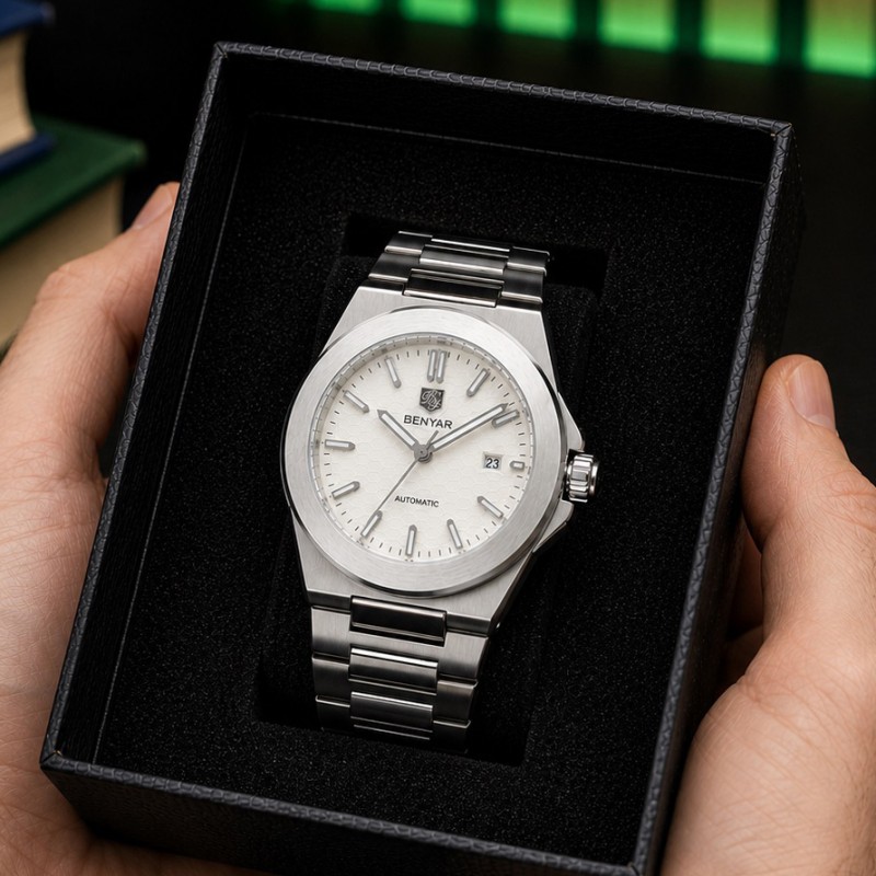 Чоловічий механічний годинник Benyar BY-5219 Silver-White з автопідзаводом та сталевим браслетом