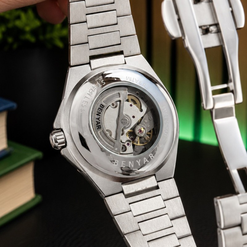 Чоловічий механічний годинник Benyar BY-5219 Silver-White з автопідзаводом та сталевим браслетом