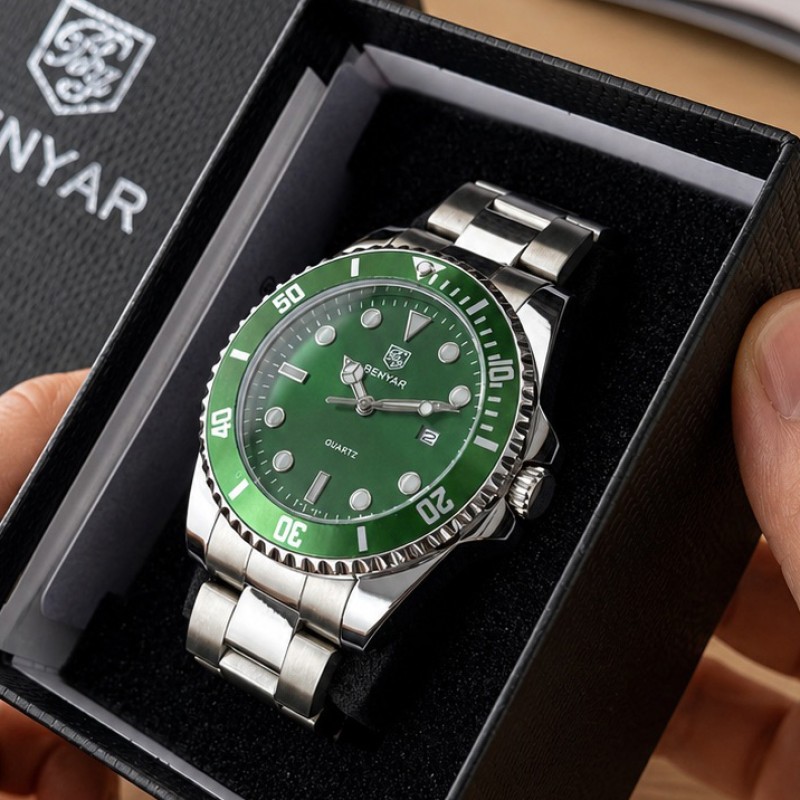 Чоловічий наручний годинник Benyar BY-5223 Silver-Green зі сталевим браслетом та зеленим циферблатом