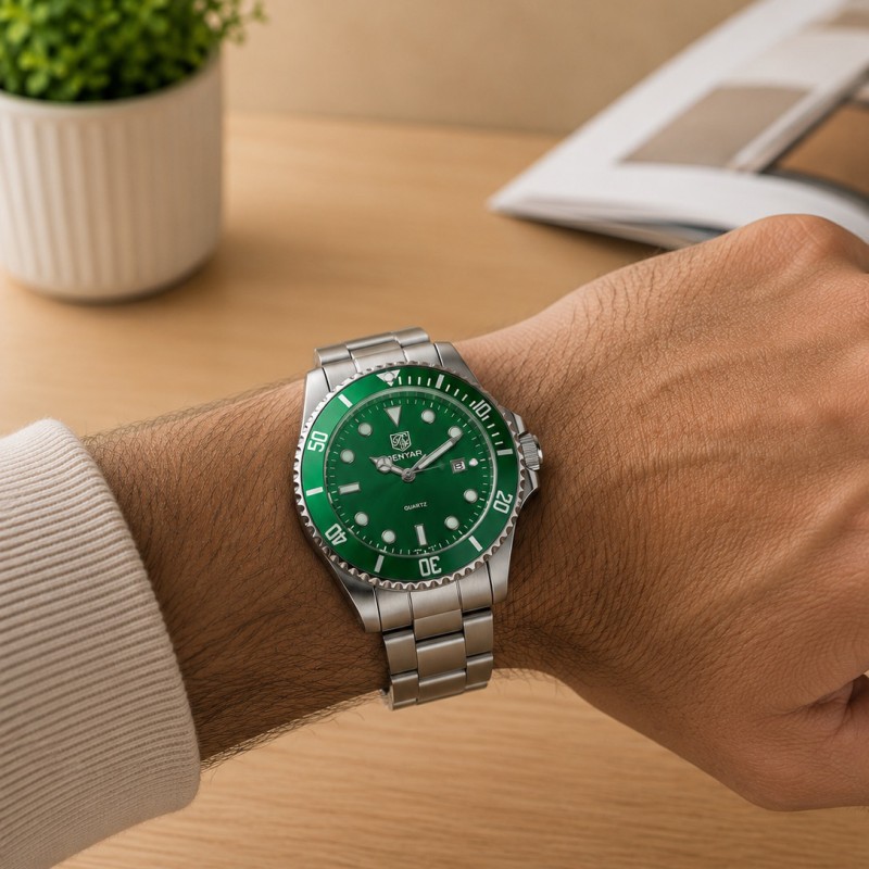 Чоловічий наручний годинник Benyar BY-5223 Silver-Green зі сталевим браслетом та зеленим циферблатом