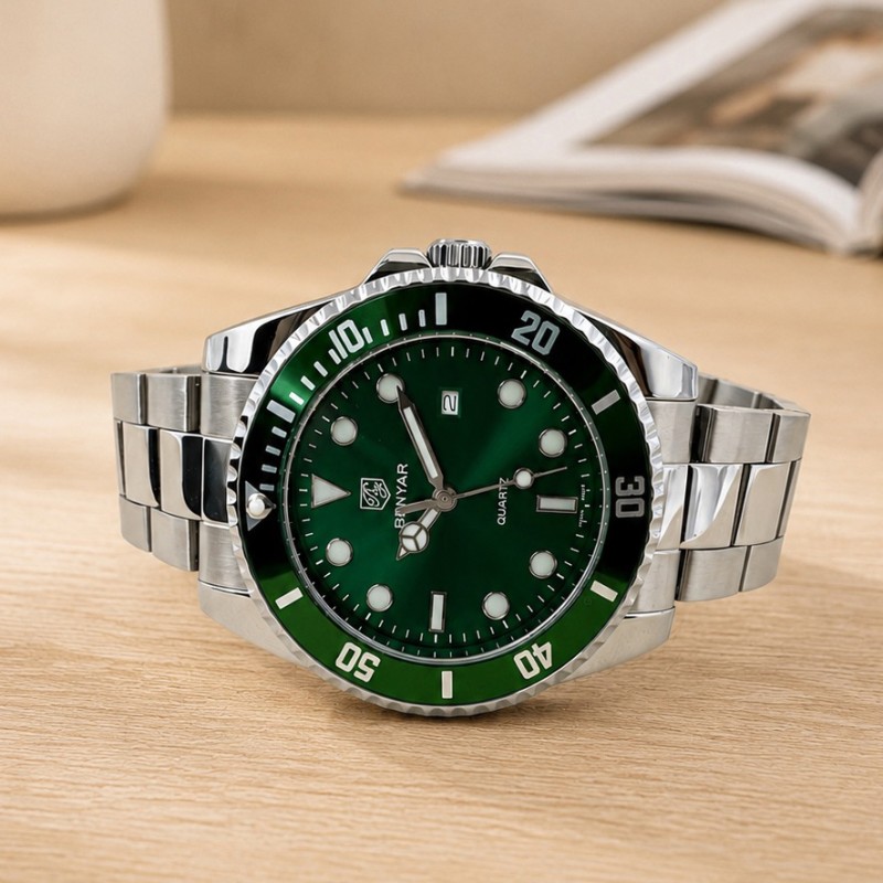 Чоловічий наручний годинник Benyar BY-5223 Silver-Green зі сталевим браслетом та зеленим циферблатом