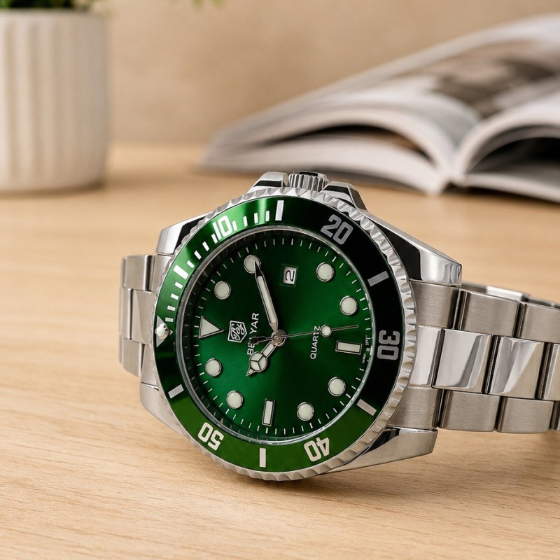 Чоловічий наручний годинник Benyar BY-5223 Silver-Green зі сталевим браслетом та зеленим циферблатом