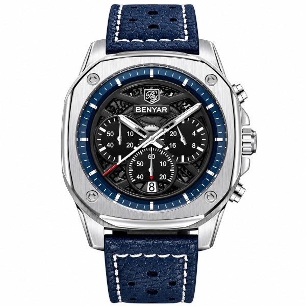 Чоловічий наручний годинник Benyar BY-5222 Blue-Silver з хронографом та шкіряним ремінцем