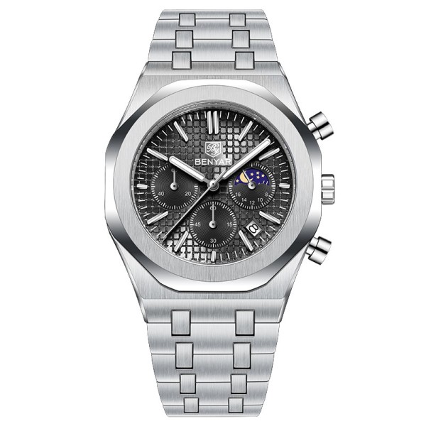 Чоловічий наручний годинник Benyar BY-5228M Silver-Black з хронографом та сталевим браслетом
