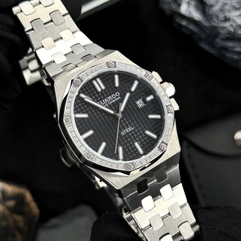 Чоловічий наручний годинник Guardo S03009-1 Silver-Black — класична модель з нержавіючої сталі