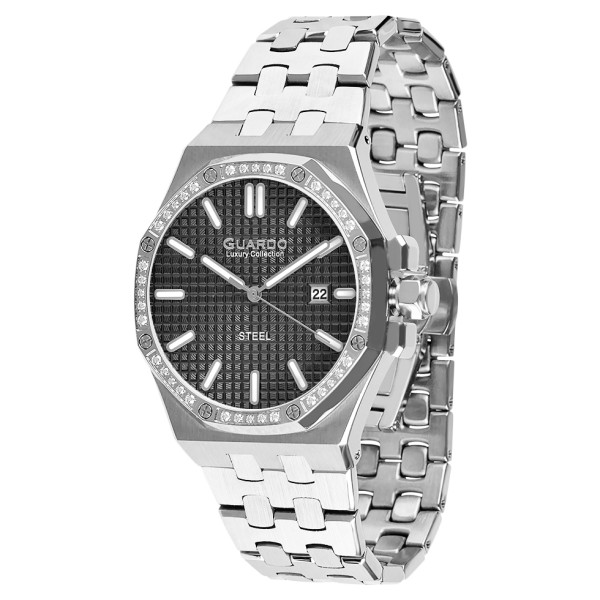 Чоловічий наручний годинник Guardo S03009-1 Silver-Black — класична модель з нержавіючої сталі