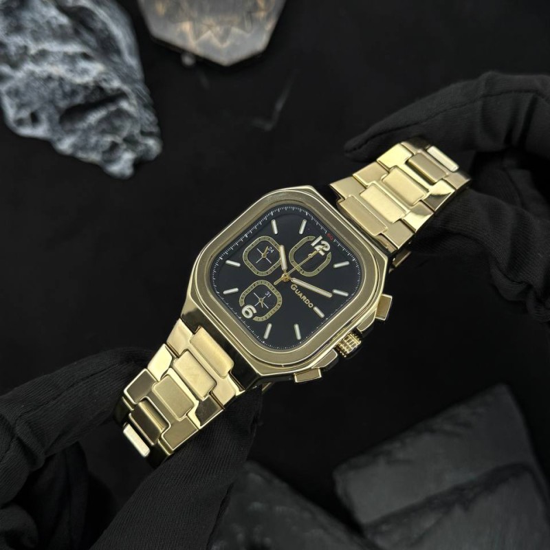 Чоловічий наручний годинник Guardo 012694-3 Gold-Black у прямокутному корпусі з браслетом