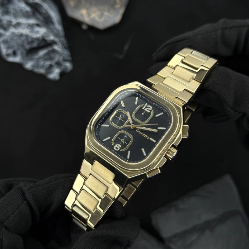 Чоловічий наручний годинник Guardo 012694-3 Gold-Black у прямокутному корпусі з браслетом