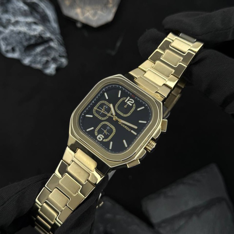 Чоловічий наручний годинник Guardo 012694-3 Gold-Black у прямокутному корпусі з браслетом