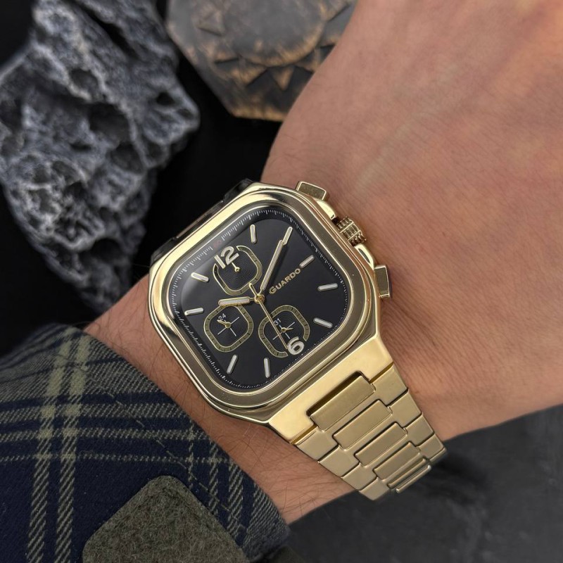Чоловічий наручний годинник Guardo 012694-3 Gold-Black у прямокутному корпусі з браслетом