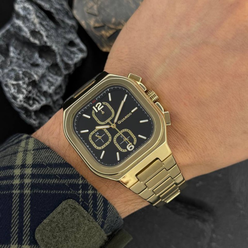 Чоловічий наручний годинник Guardo 012694-3 Gold-Black у прямокутному корпусі з браслетом