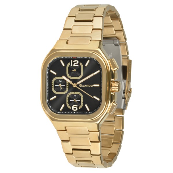 Чоловічий наручний годинник Guardo 012694-3 Gold-Black у прямокутному корпусі з браслетом