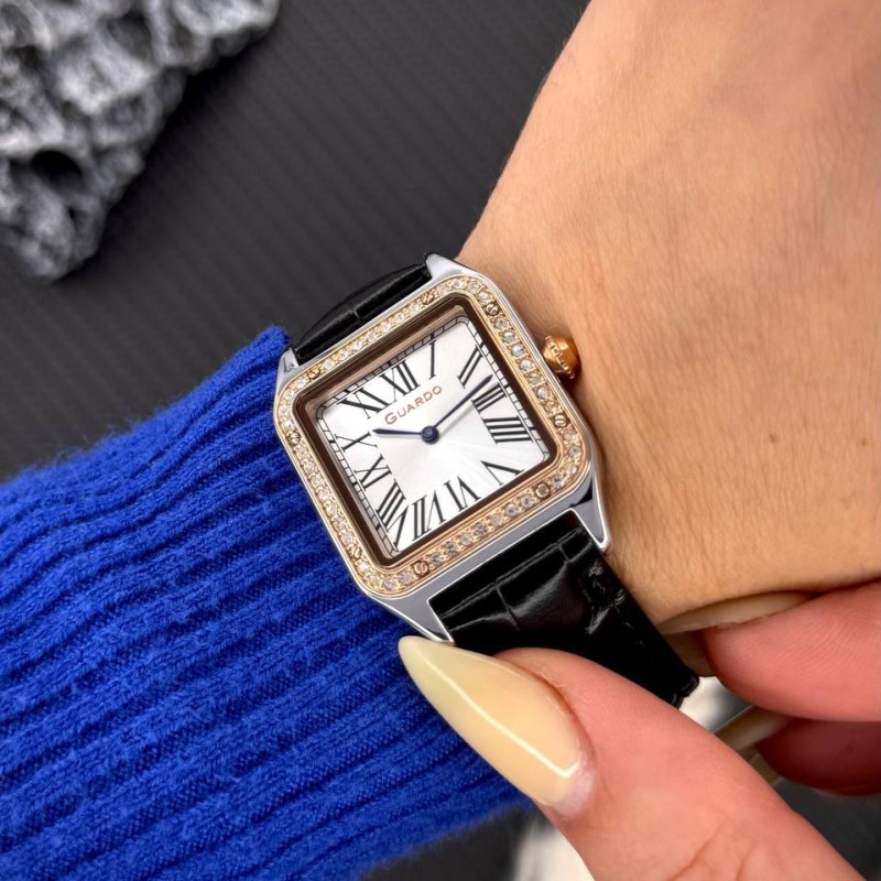 Жіночий годинник Guardo 012832-6 Silver-Rose Gold у класичному стилі з прямокутним корпусом