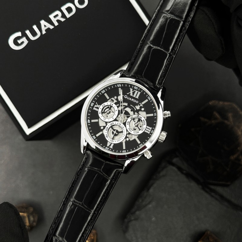 Чоловічий наручний годинник Guardo 012837-1 Silver-Black — класичний стиль з індикацією дати та дня тижня