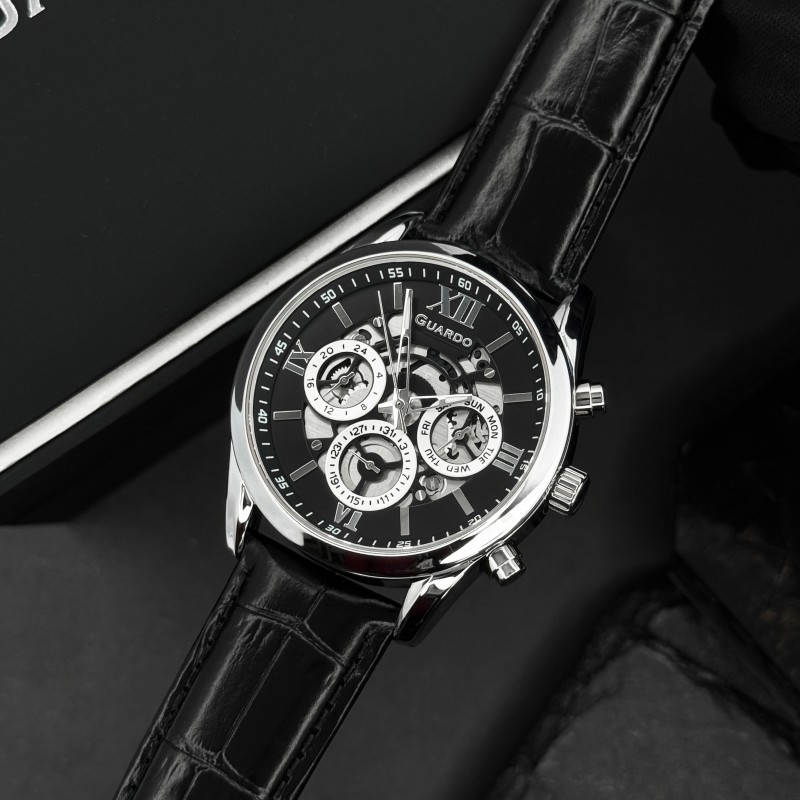 Чоловічий наручний годинник Guardo 012837-1 Silver-Black — класичний стиль з індикацією дати та дня тижня