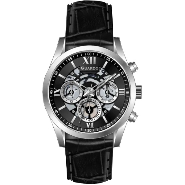 Чоловічий наручний годинник Guardo 012837-1 Silver-Black — класичний стиль з індикацією дати та дня тижня