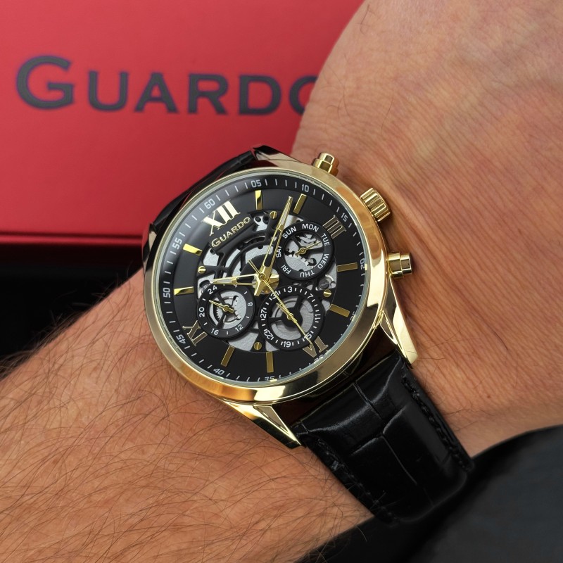 Мужские наручные часы Guardo 012837-6 Gold/Black с календарем и кожаным ремешком