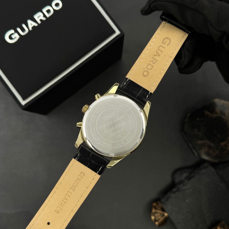 Мужские наручные часы Guardo 012837-6 Gold/Black с календарем и кожаным ремешком